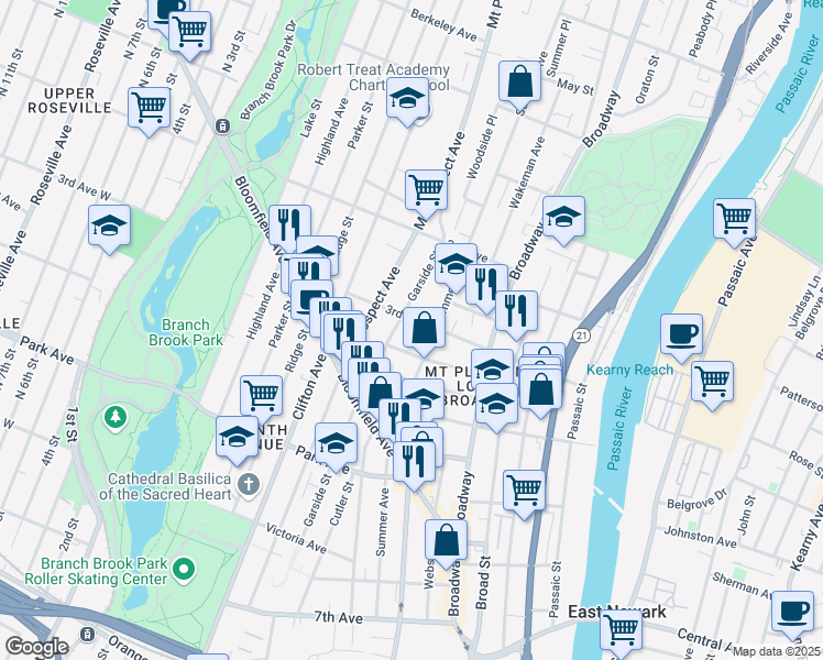 map of restaurants, bars, coffee shops, grocery stores, and more near 118 3rd Avenue in Newark