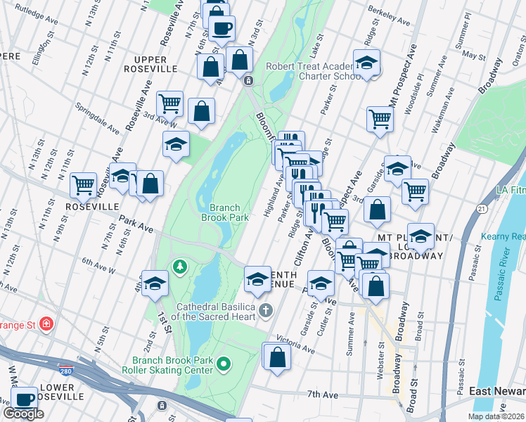 map of restaurants, bars, coffee shops, grocery stores, and more near 257 Lake Street in Newark