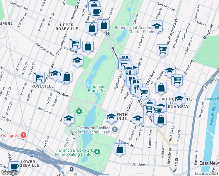 map of restaurants, bars, coffee shops, grocery stores, and more near 257 Lake Street in Newark