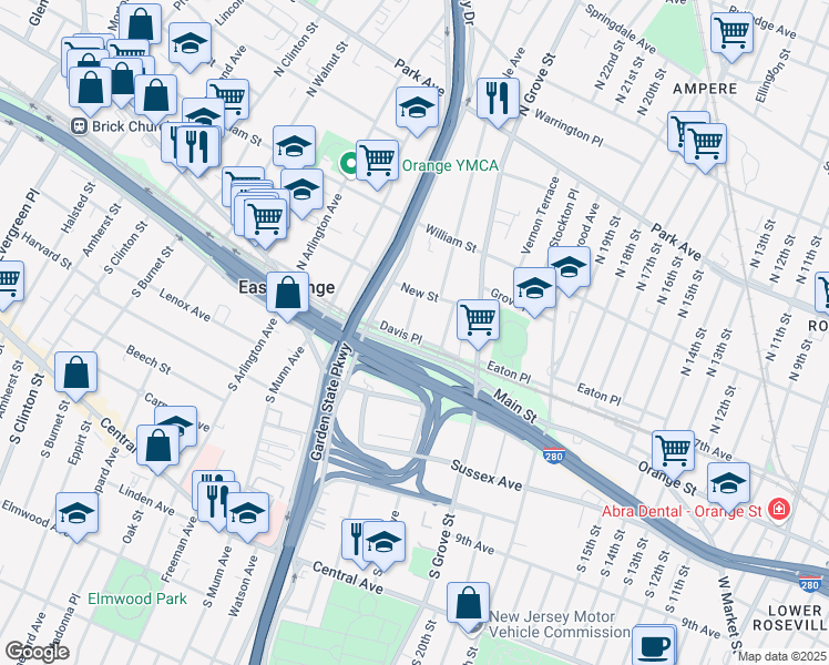 map of restaurants, bars, coffee shops, grocery stores, and more near 3 Davis Avenue in East Orange
