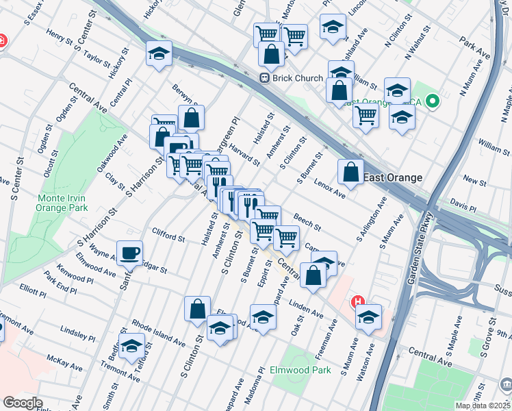 map of restaurants, bars, coffee shops, grocery stores, and more near 173 South Clinton Street in East Orange