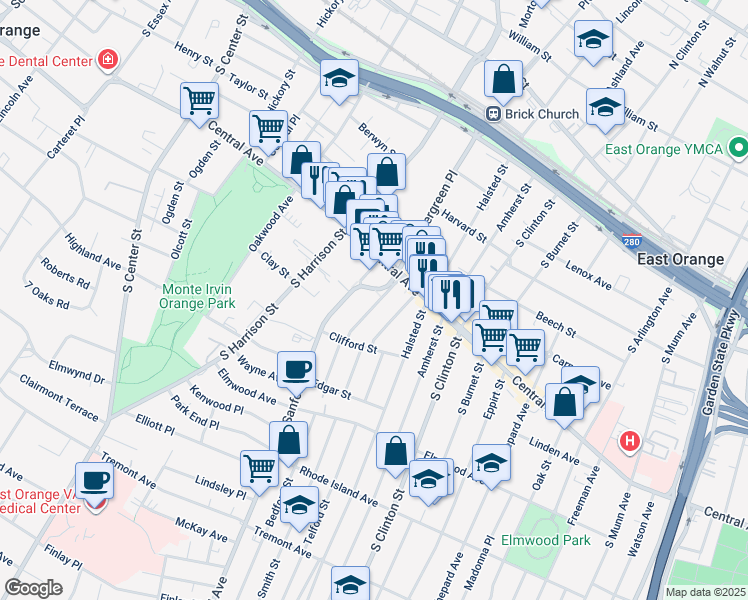 map of restaurants, bars, coffee shops, grocery stores, and more near 37 Cambridge Street in East Orange