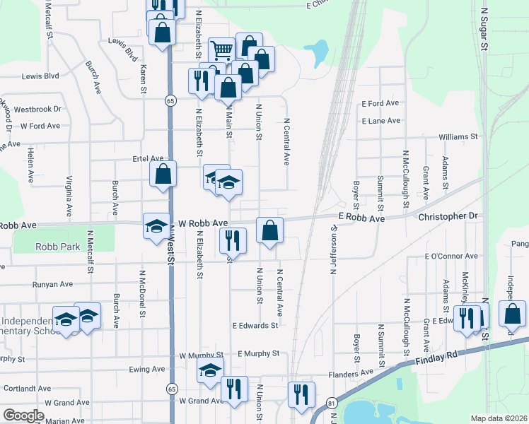 map of restaurants, bars, coffee shops, grocery stores, and more near 190 East Kildare Avenue in Lima