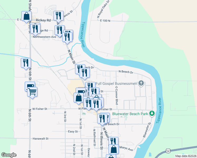 map of restaurants, bars, coffee shops, grocery stores, and more near 1100-1140 Arbor Ct in Monticello