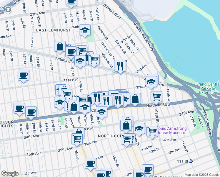 map of restaurants, bars, coffee shops, grocery stores, and more near 10110 32nd Avenue in Queens