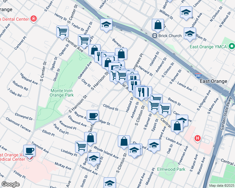 map of restaurants, bars, coffee shops, grocery stores, and more near 37 Cambridge Street in East Orange
