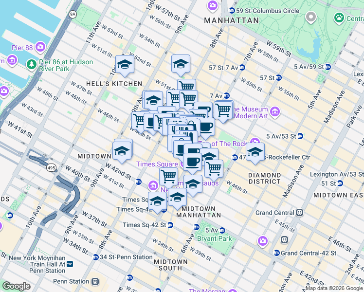 map of restaurants, bars, coffee shops, grocery stores, and more near 224 West 47th Street in New York
