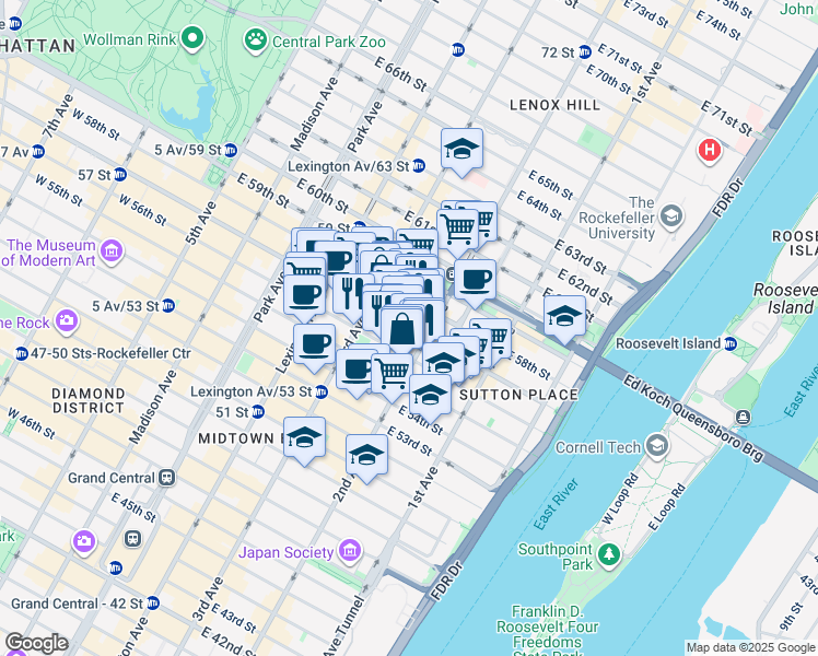 map of restaurants, bars, coffee shops, grocery stores, and more near 1065 2nd Avenue in New York