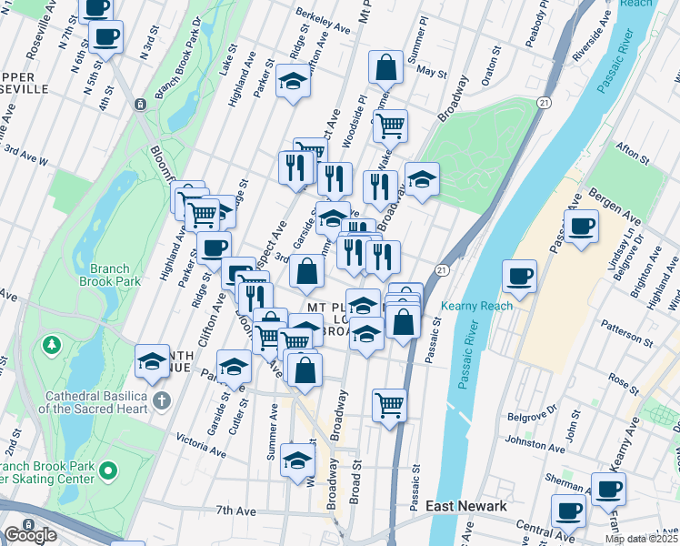 map of restaurants, bars, coffee shops, grocery stores, and more near 91 3rd Avenue in Newark