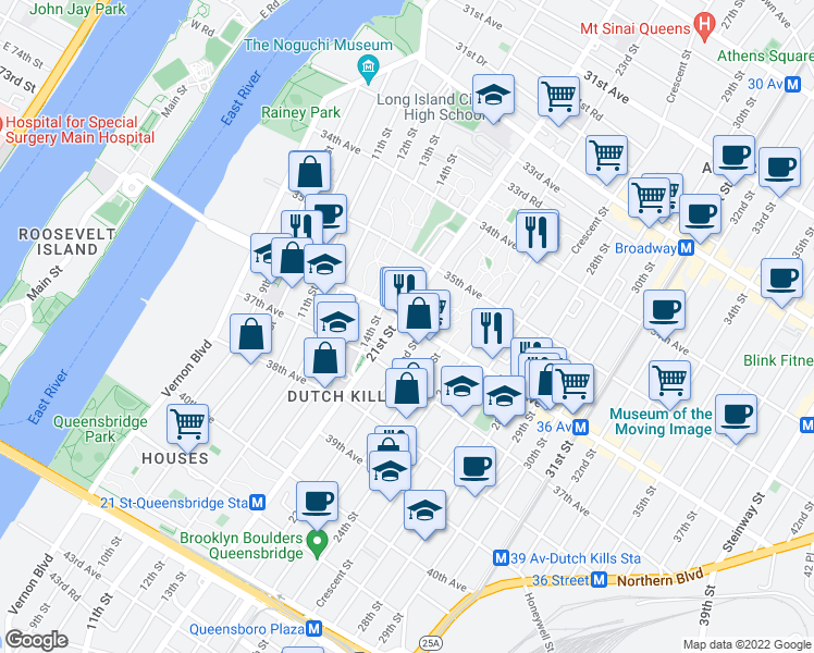 map of restaurants, bars, coffee shops, grocery stores, and more near 21-12C 36th Avenue in Queens