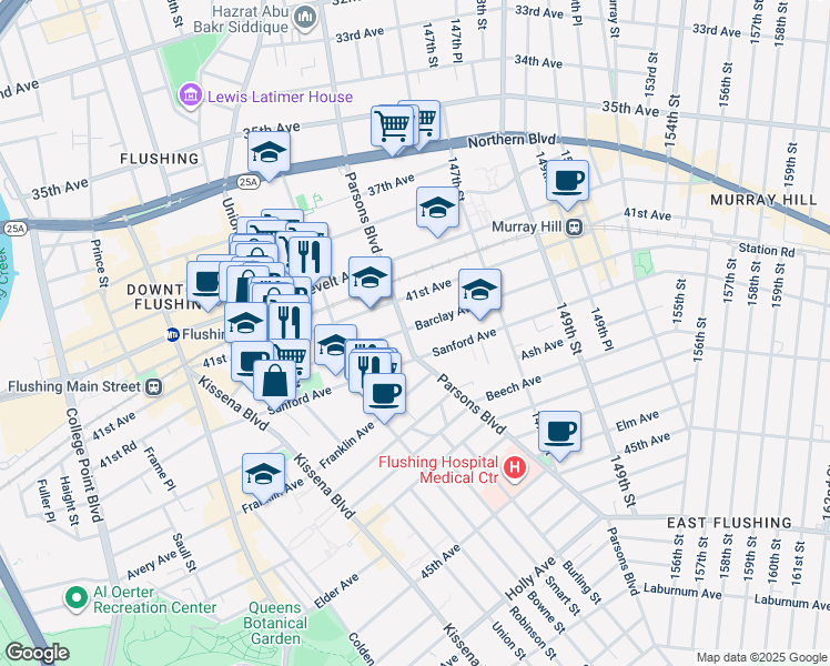 map of restaurants, bars, coffee shops, grocery stores, and more near in Queens