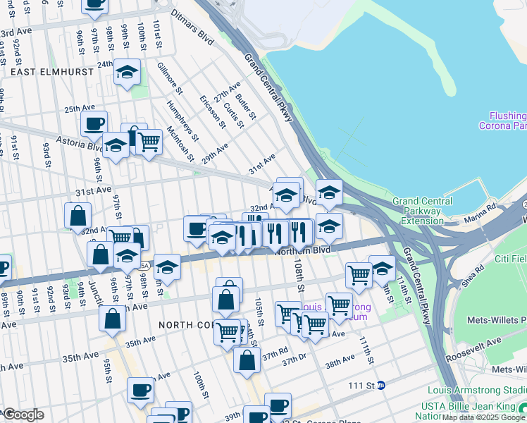 map of restaurants, bars, coffee shops, grocery stores, and more near 106-02 32nd Avenue in Queens
