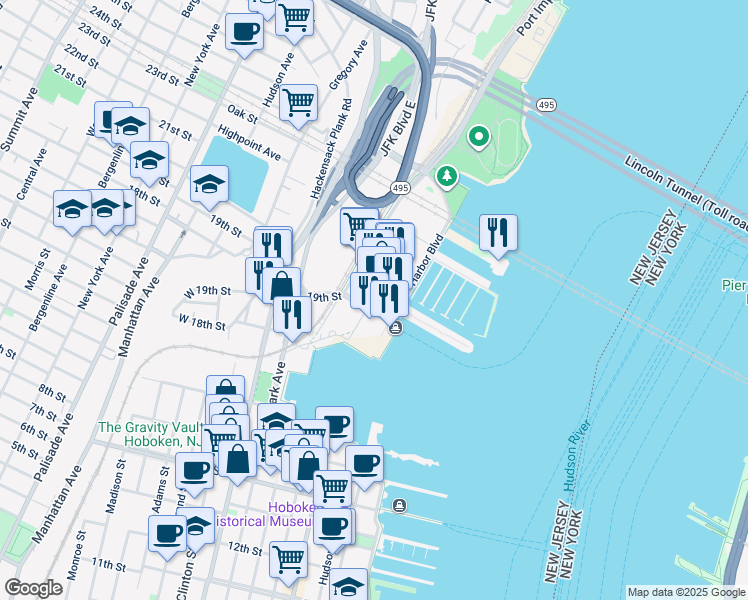 map of restaurants, bars, coffee shops, grocery stores, and more near 1000 Harbor Boulevard in Weehawken