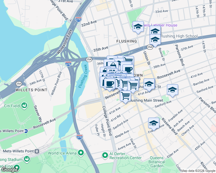 map of restaurants, bars, coffee shops, grocery stores, and more near 133-27 39th Avenue in Queens