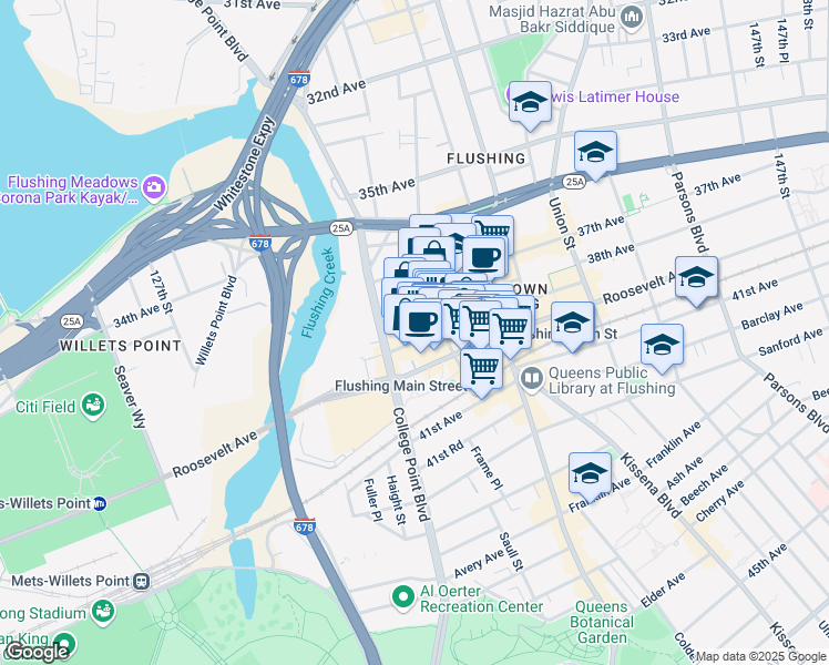 map of restaurants, bars, coffee shops, grocery stores, and more near 133-27 39th Avenue in Queens