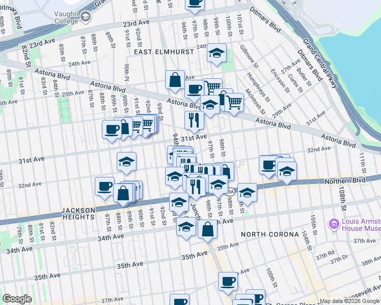 map of restaurants, bars, coffee shops, grocery stores, and more near 31-39 95th Street in Queens