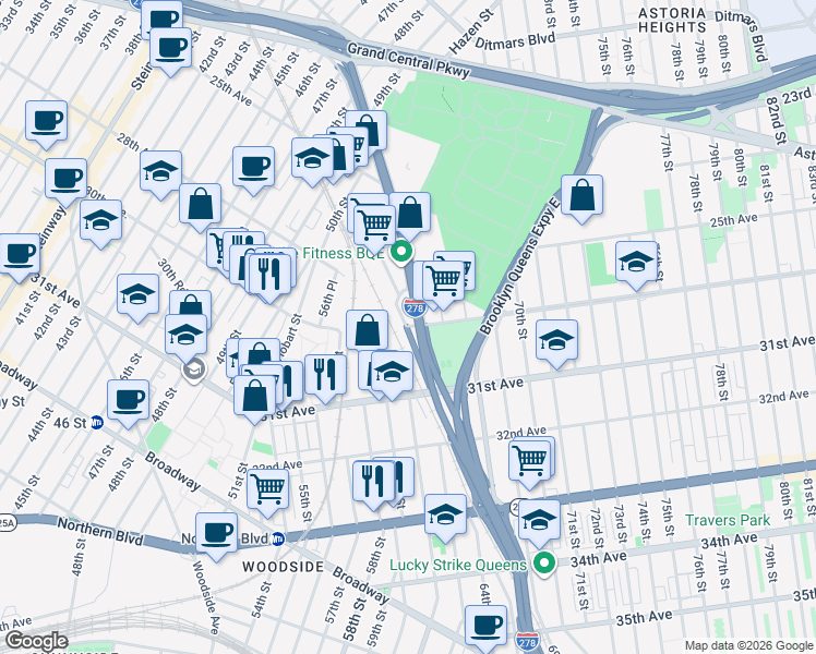 map of restaurants, bars, coffee shops, grocery stores, and more near 30th Avenue in Queens