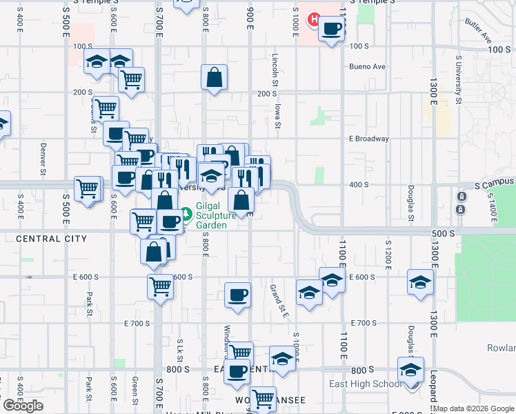 map of restaurants, bars, coffee shops, grocery stores, and more near 444 900 East in Salt Lake City