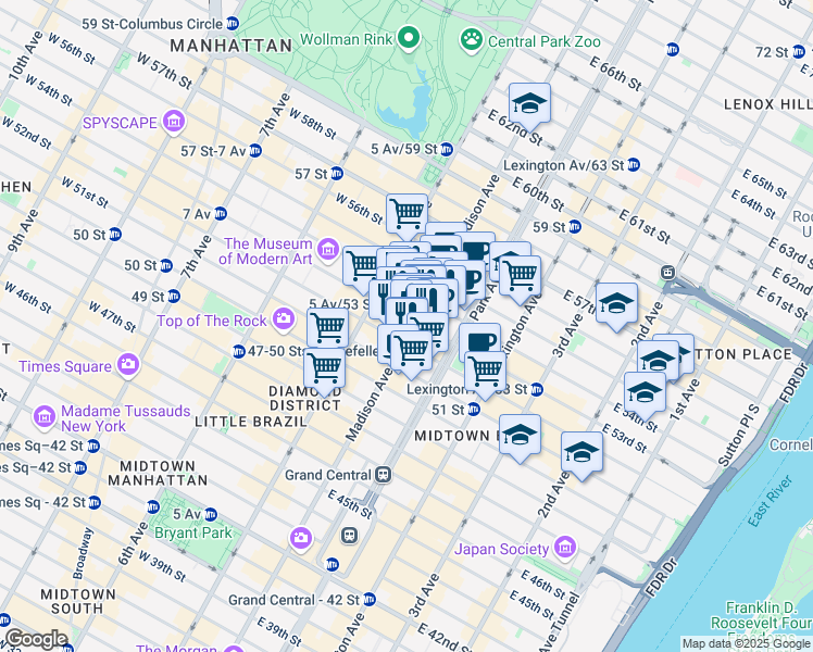 map of restaurants, bars, coffee shops, grocery stores, and more near 510 Madison Avenue in New York