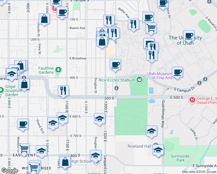 map of restaurants, bars, coffee shops, grocery stores, and more near 443 South 1300 East in Salt Lake City