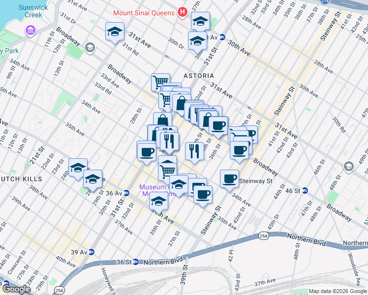 map of restaurants, bars, coffee shops, grocery stores, and more near 32-59 33rd Street in Queens
