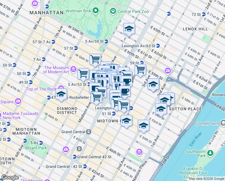 map of restaurants, bars, coffee shops, grocery stores, and more near 399 Park Avenue in New York