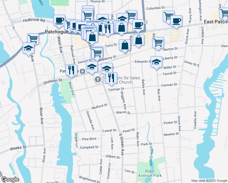map of restaurants, bars, coffee shops, grocery stores, and more near 22 Carman Street in Patchogue