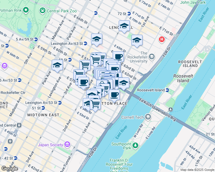 map of restaurants, bars, coffee shops, grocery stores, and more near 346 East 59th Street in New York