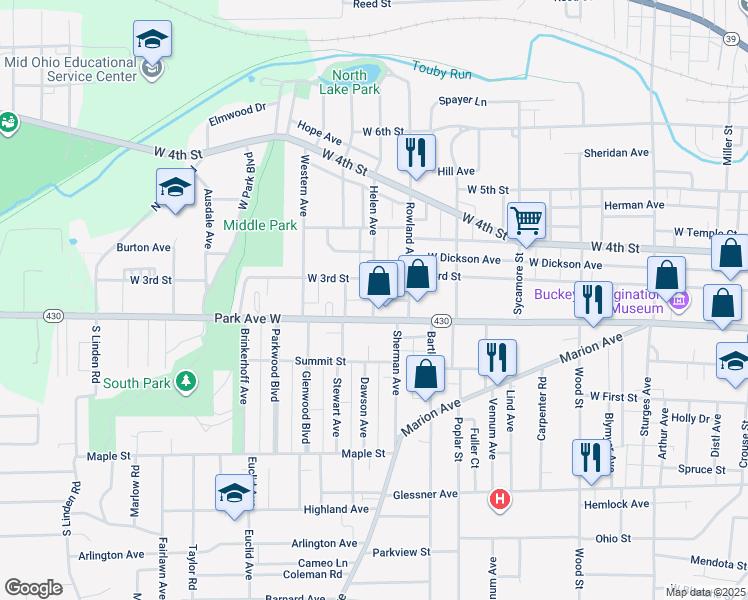 map of restaurants, bars, coffee shops, grocery stores, and more near 28 Helen Avenue in Mansfield