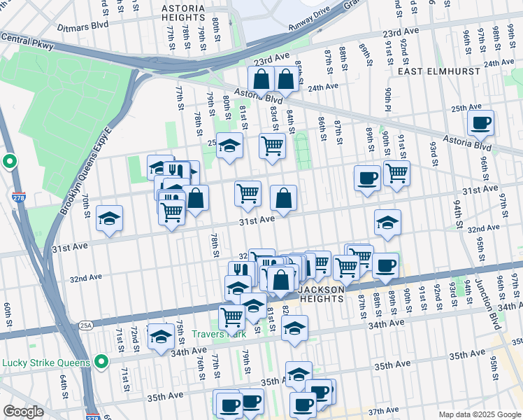 map of restaurants, bars, coffee shops, grocery stores, and more near 30-51 81st Street in Queens