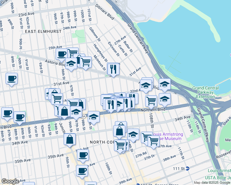 map of restaurants, bars, coffee shops, grocery stores, and more near 31-63 103rd Street in Queens