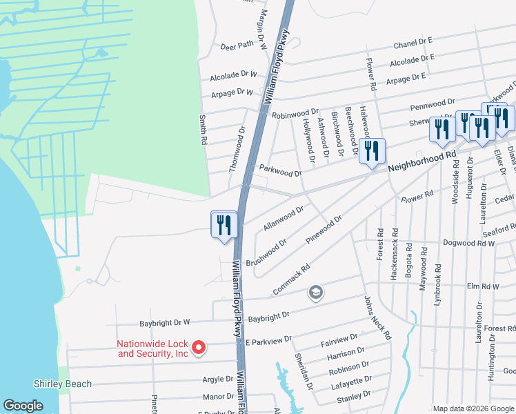 map of restaurants, bars, coffee shops, grocery stores, and more near F Floyd Road in Shirley