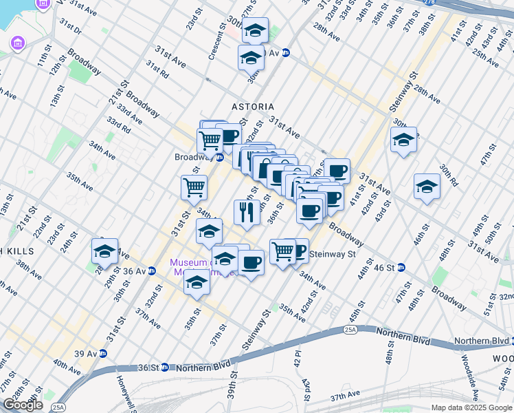 map of restaurants, bars, coffee shops, grocery stores, and more near 32-36 35th Street in Queens