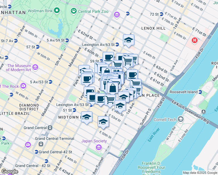 map of restaurants, bars, coffee shops, grocery stores, and more near 1065 2nd Avenue in New York