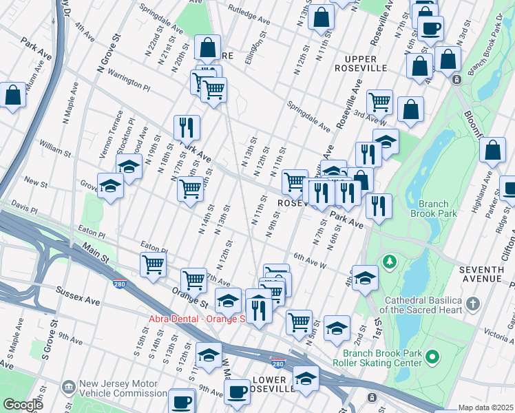 map of restaurants, bars, coffee shops, grocery stores, and more near 130 North 11th Street in Newark