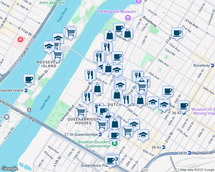 map of restaurants, bars, coffee shops, grocery stores, and more near 37-10 11th Street in Queens