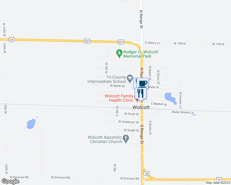 map of restaurants, bars, coffee shops, grocery stores, and more near 202 North 4th Street in Wolcott