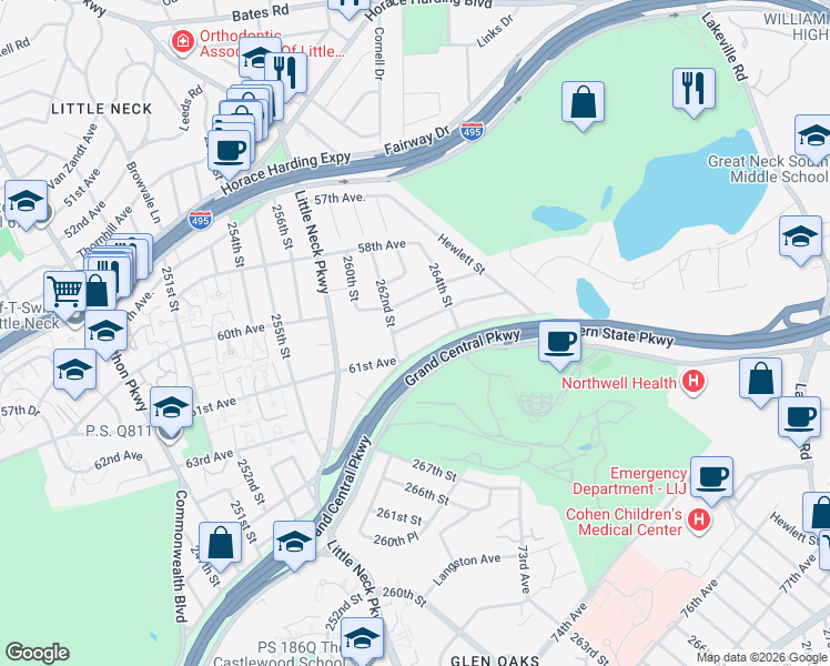 map of restaurants, bars, coffee shops, grocery stores, and more near 262-37 Grand Central Parkway in Queens