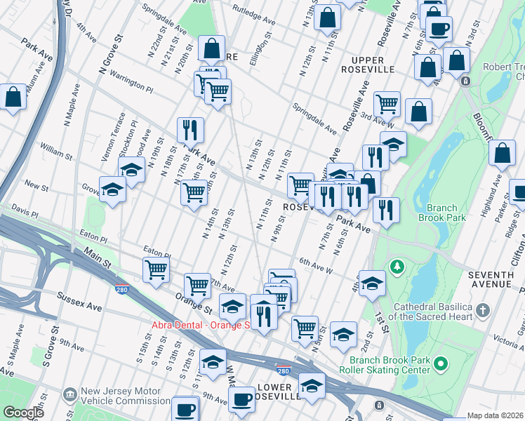 map of restaurants, bars, coffee shops, grocery stores, and more near 130 North 11th Street in Newark
