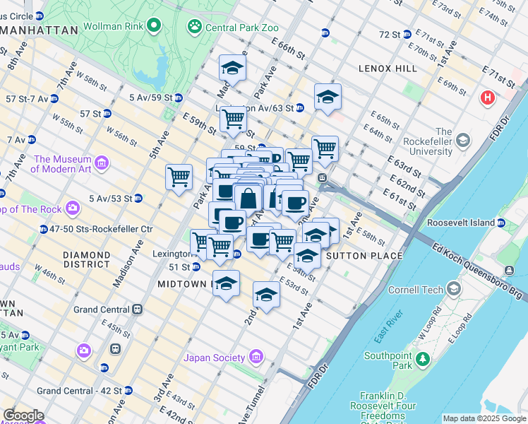 map of restaurants, bars, coffee shops, grocery stores, and more near 209 East 56th Street in New York