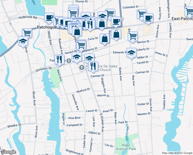 map of restaurants, bars, coffee shops, grocery stores, and more near 22 Carman Street in Patchogue