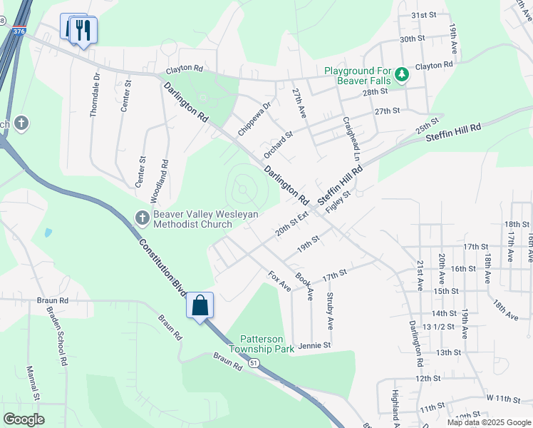 map of restaurants, bars, coffee shops, grocery stores, and more near 114 Book Avenue in Beaver Falls