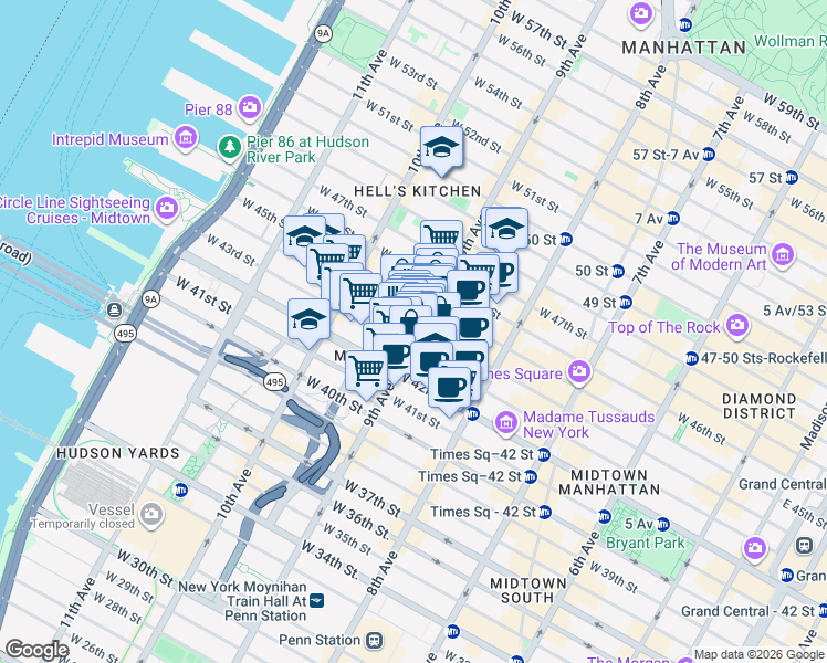 map of restaurants, bars, coffee shops, grocery stores, and more near in New York