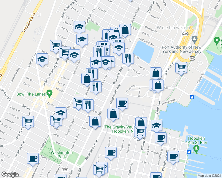 map of restaurants, bars, coffee shops, grocery stores, and more near 1304 Palisade Avenue in Union City