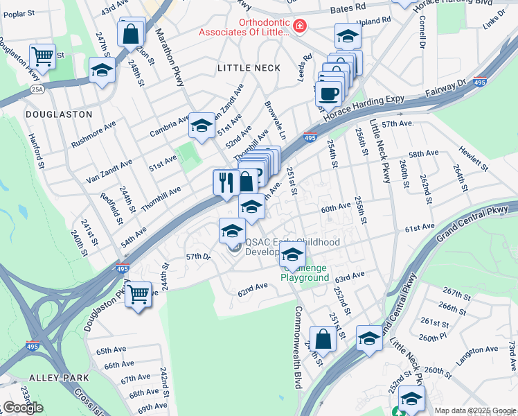 map of restaurants, bars, coffee shops, grocery stores, and more near 5703 Marathon Parkway in Queens