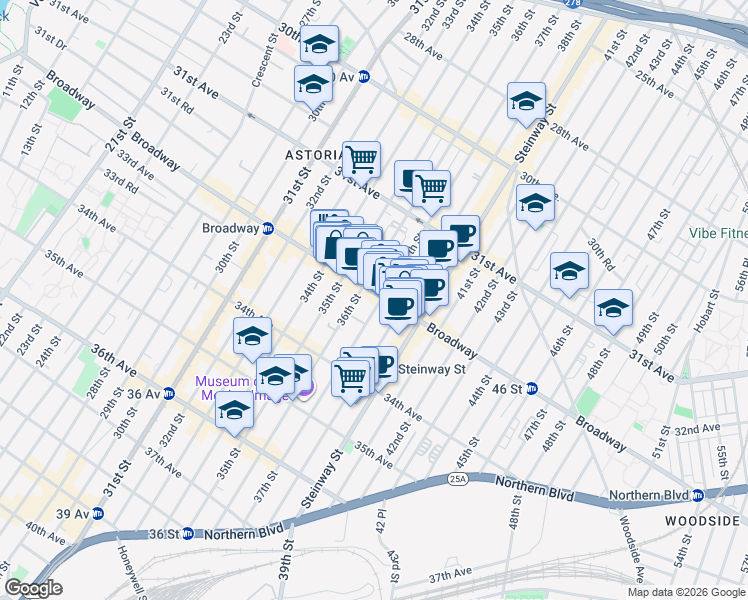 map of restaurants, bars, coffee shops, grocery stores, and more near 36-16 Broadway in Queens