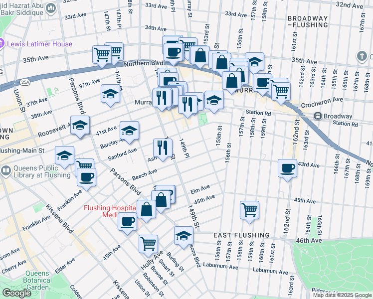 map of restaurants, bars, coffee shops, grocery stores, and more near 149-34 Ash Avenue in Queens
