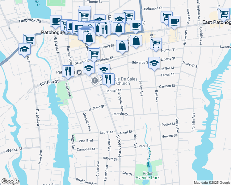 map of restaurants, bars, coffee shops, grocery stores, and more near 22 Carman Street in Patchogue