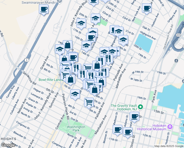 map of restaurants, bars, coffee shops, grocery stores, and more near 513 12th Street in Union City