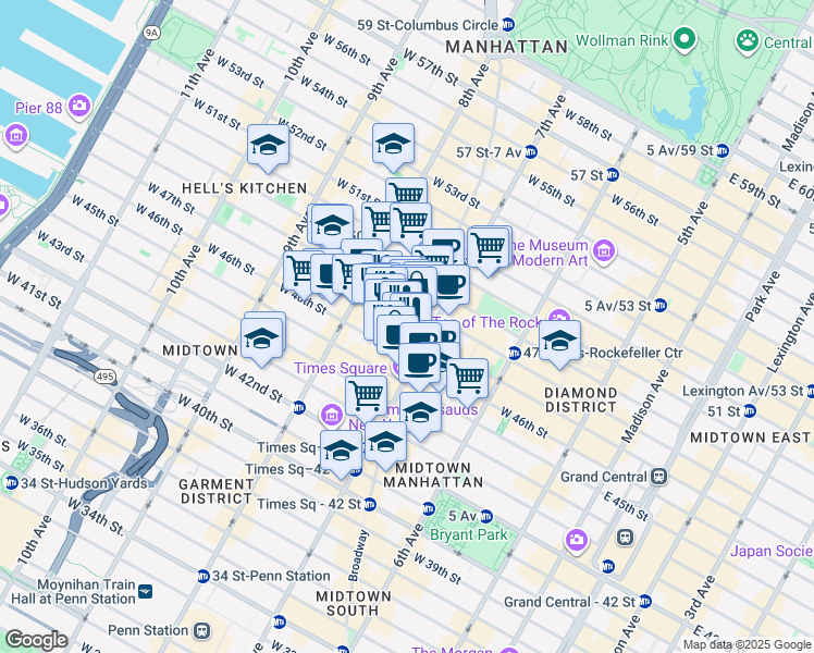 map of restaurants, bars, coffee shops, grocery stores, and more near 226 West 47th Street in New York